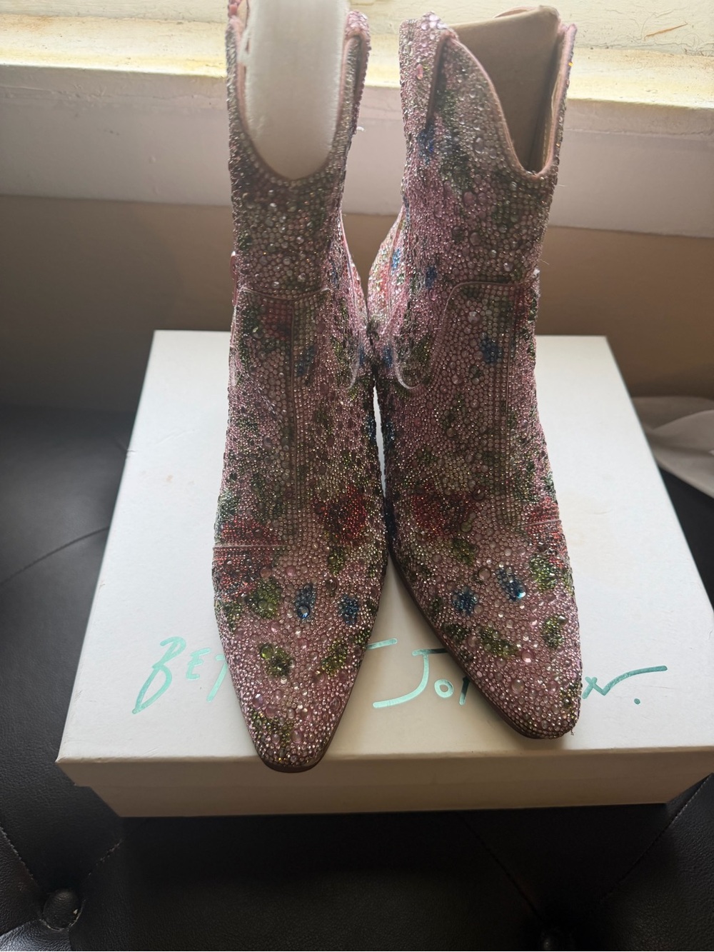 Betsey Johnson Pink Crystal Floral Ankle Booties - Picture 2 of 3